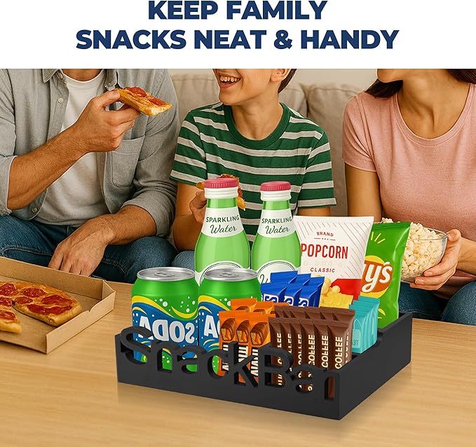Snack Bar Organizer – Black 4 Compartment Station, Countertop Pantry Organizer for Kitchen, Office Food Holder, Candy Storage Bin, Display Stand, Cabinet Tray & Shelf