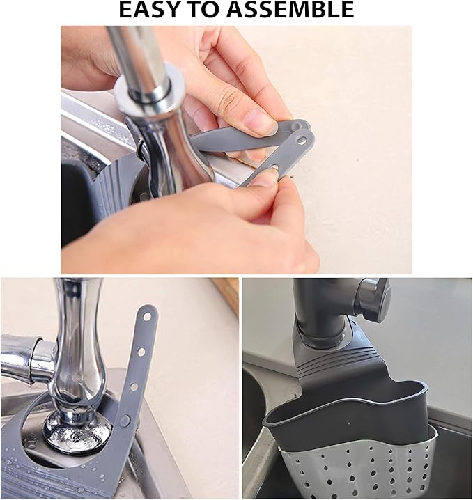 Kitchen Sink Caddy - Silicone Plastic Soap Sponge Holder - BPA-free Rack - Faucet Caddy with Drain Holes for Drying - Adjustable Hanging Strap (White)
