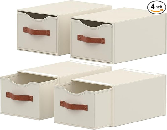 4 Pack Stackable Storage Drawers, Fabric Closet Organizers and Storage with Handles and Clear Window, Pull-Out Clothes Storage Bins with Drawer for Closet, Bedroom, Living Room, Under Bed, Beige