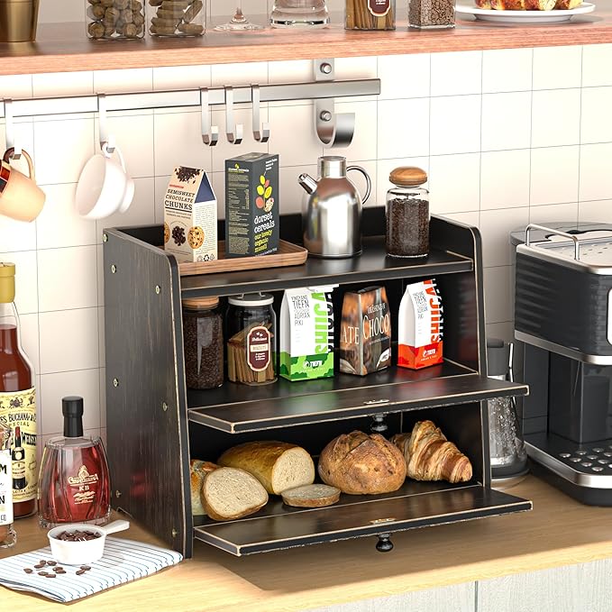 Corner Bread Box for Kitchen Countertop, Vintage Wooden Counter Organizer, Bamboo Bread Storage Bin for Homemade Bread, Small Farmhouse Corner Breadbox Container with Acrylic Window, Vintage Black