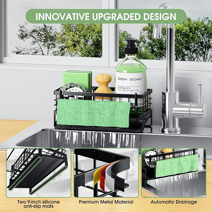Self-Draining Kitchen Sink Caddy, Rustproof Non-Slip Sponge Holder with Detachable Dish Cloth Holder (Black)