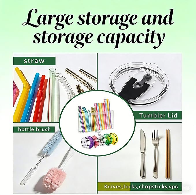 10''Straw Storage for Cabinet Door with Tumbler Straw Organizer,Large Straw Holder with Washable Sticky Reusable Cup Lid Holder,Water Bottle Accessories Organizer for Kitchen (White)