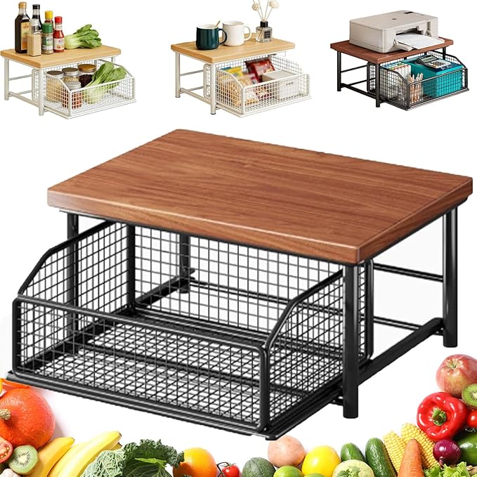 Kitchen Countertop Organizer with Drawer and Wire Basket, 2-Tier Hardwood Shelf for Microwave, Sturdy Hardwood Shelf, Space-Saving, for Storage in Family Tables, Kitchens, Bedroom Home (1, A-1)