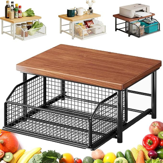 Kitchen Countertop Organizer with Drawer and Wire Basket, 2-Tier Hardwood Shelf for Microwave, Sturdy Hardwood Shelf, Space-Saving, for Storage in Family Tables, Kitchens, Bedroom Home (1, A-1)
