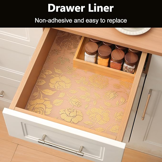 INNOLITES Shelf Liner for Cabinets, Non-Adhesive for Kitchen Drawer Liner, Waterproof Shelf Paper with Floral Pattern, Durable Easy to Clean (Golden Rose, 17.7" x 197")
