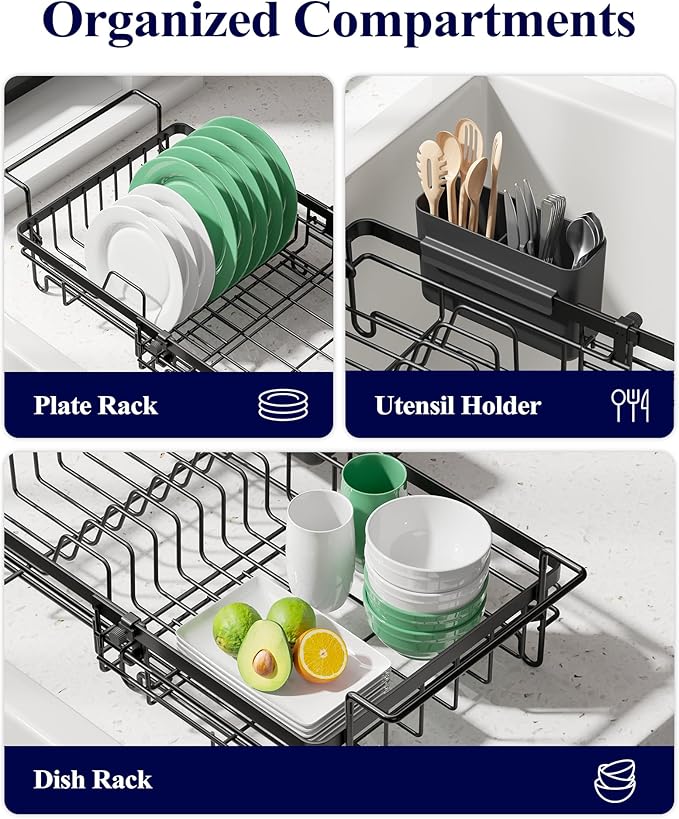 Kitsure Dish Drying Rack – Expandable in-Sink or Over-Sink Dish Rack for Kitchen Counter, Rust-Resistant Metal Dish Strainer with Cutlery Holder, 16.0"-20.7" L x 11.4" W x 5.7" H, Black