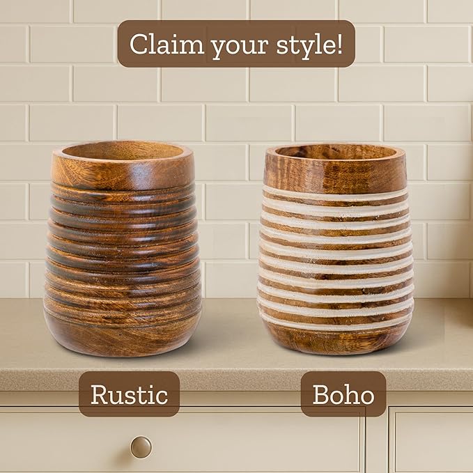 Mie Creations Boho 7'' Large Utensil Holder for Kitchen Counter | Handcrafted Wooden Utensils Crock Cooking Spatula Organizer | Gifts for Mom, Utensil Holder Caddy, Countertop Supplies- White Lining