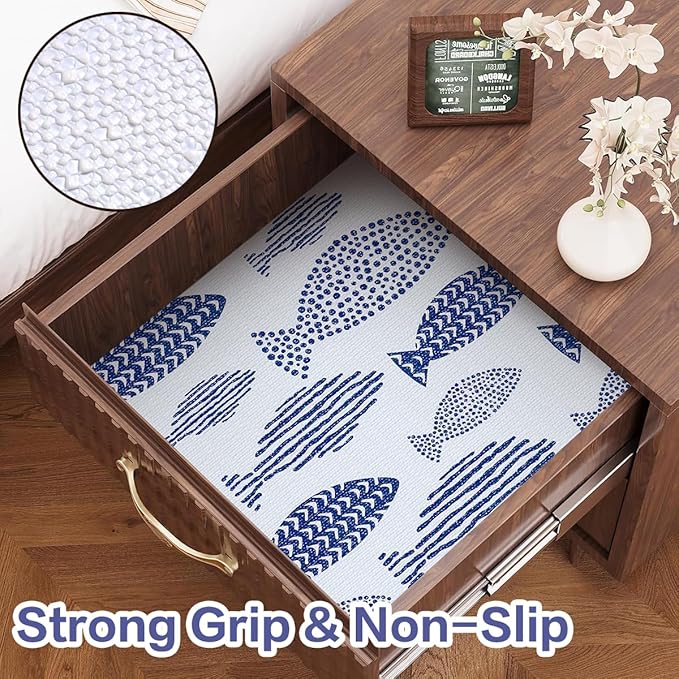 Terravue Blue Shelf Liner for Kitchen Cabinets Non Adhesive Drawer Liners Non Slip Cupboard Liner Strong Grip Waterproof Kitchen Cabinet Liners Easy to Clean Blue Dresser Shelves Paper 12IN x 16.4FT