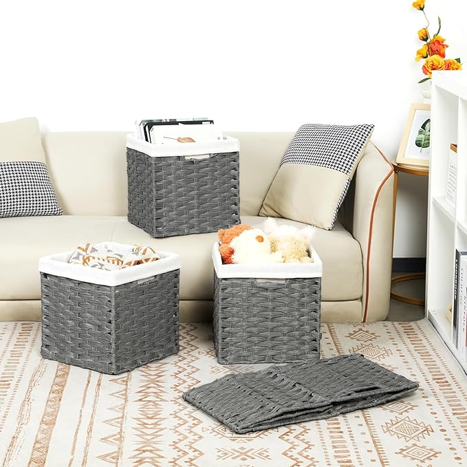 Bidtakay Wicker Storage Baskets for Organizing 4-Pack Hand-Woven Imitation Dark Grey Wicker Cube Storage Bins with Liners for Shelves Closet Cabinet 11x11 Waterproof Cube Organizer for Pantry