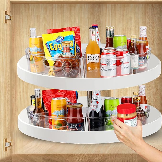 URALFA Lazy Susan Organizer Bins, Corner Cabinet Organizer, Plastic Corner Kitchen Cabinet Storage Bins Clear Transparent Lazy Susan Bins with Handle, 1/8 Wedge-4" Deep Container, BPA Free, 4 Pack