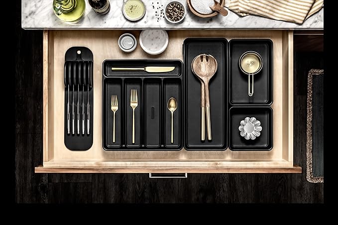 madesmart Premium Knife Mat, Soft-Grip Slot Organizer for 5 Knives, Non-Slip Drawer Insert Protects Blades and Drawers, Space-Saving Kitchen Knife Storage, Black