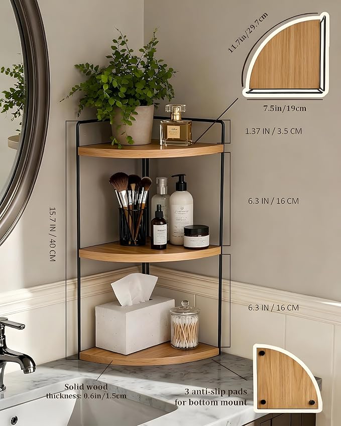 Corner Bathroom Countertop Organizer, 3-Tier Rustic Wood Corner Shelf with Sturdy Metal Frame, Waterproof Vanity Storage for Cosmetics & Toiletries, Space Saving Rack for Kitchen, Natural