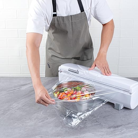 Restaurantware-Chef 101 Food Wrap Dispenser with Cutter, 1 Refillable Cling Wrap Dispenser - Fits 12â€ to 18â€ x 2000â€™ Rolls, Press Down and Cut, White Plastic Aluminum Foil, Sharp Blade