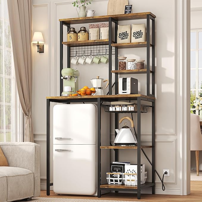 Mini Fridge Stand with Storage, Microwave and Coffee Bar Organizer with Power Outlet, Bakers Rack Storage Shelves for Kitchen Appliances, Perfect for Dorm Kitchen Coffee Bar, Vintage Brown