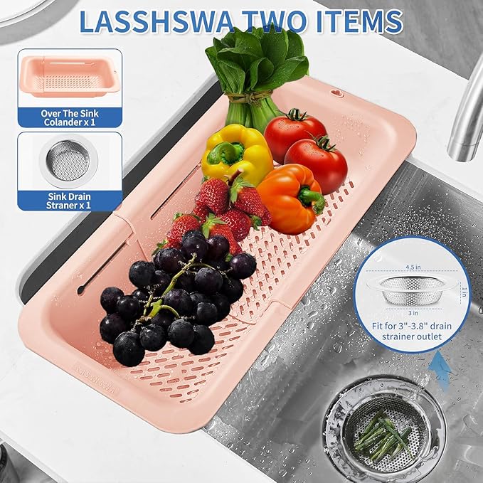 LASSHSWA Collapsible Colander and Strainer for Kitchen, Over the Sink Strainer Basket for Kitchen, Fruit Pasta Food Strainer Expandable Plastic Colander (Orange Pink)
