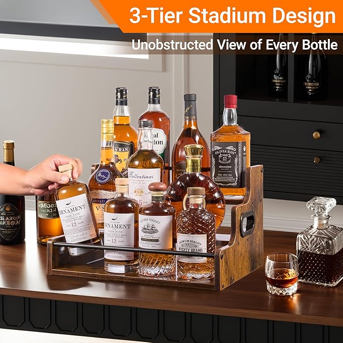 [Upgraded] Rustic Wood Liquor Bottle Display Shelf, 3-Tier Liquor Shelf for Bar Counter, Coffee Syrup Rack Organizer with Handles & Metal Guardrail, Bar Bottle Stand for Home, Kitchen, Cafe