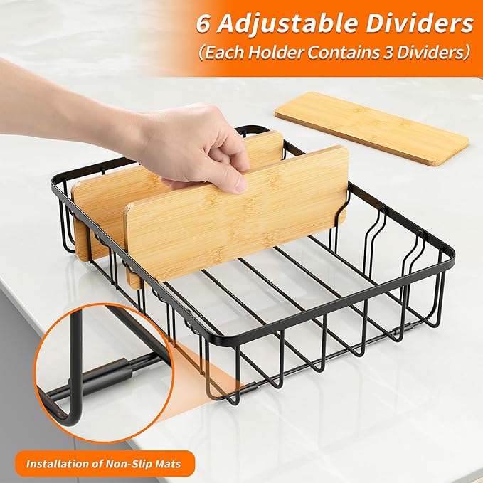 2-Pack Adjustable Lid Organizers - Large Kitchen Cabinet Organizer for Food Storage Container and Tumbler Cup Lids with 6 Bamboo Dividers - Organizers in Kitchen/Pantry/Laundry Room(Size:S+L)