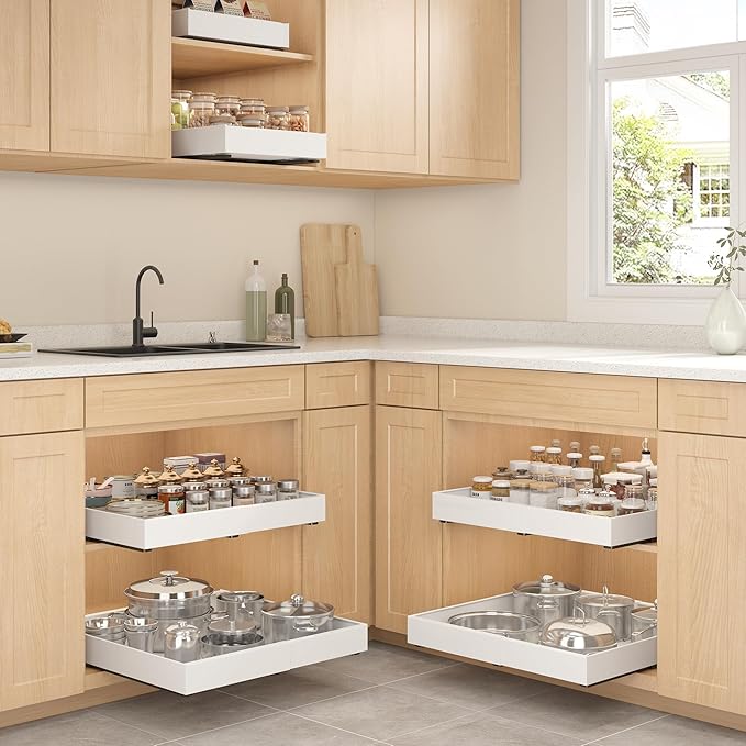 Expandable Pull-Out Cabinet Organizer - White, 16.54" D x Adjustable Width 12.6-20.47", No Drill Adhesive Installation with 3-Slide Rails for Kitchen Storage (2 Pack)
