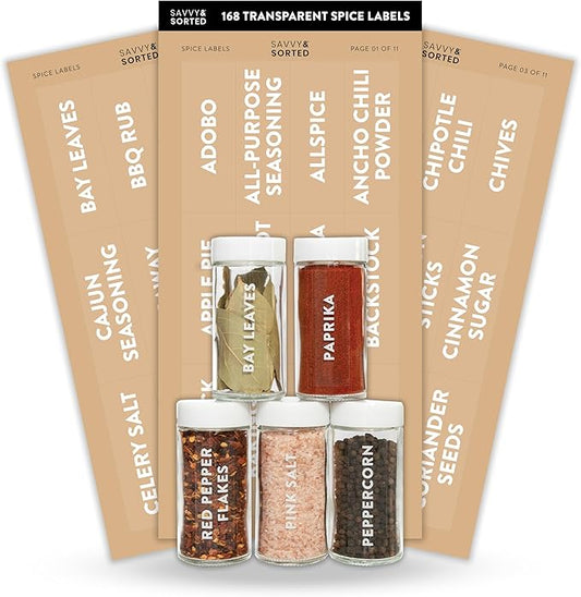 SAVVY & SORTED Spice Labels for Spice Jars, 168 Clear Spice Jar Label Stickers Seasoning Containers, Expiration Labels, Spice Organizer Herb Pantry Label