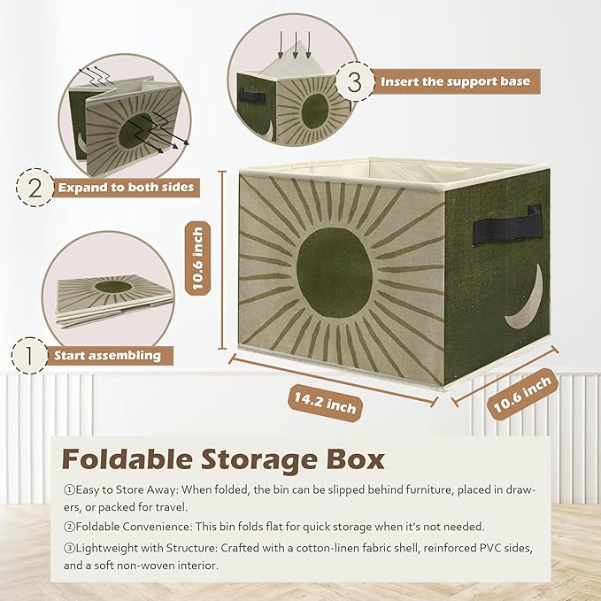 Boho Sun and Moon Storage Box Bins, Vintage Green Beige Celestial Collapsible Storage Basket Organizer for Bedroom Laundry Room Home Clothes Toys Books, Toybox for Girls Boys