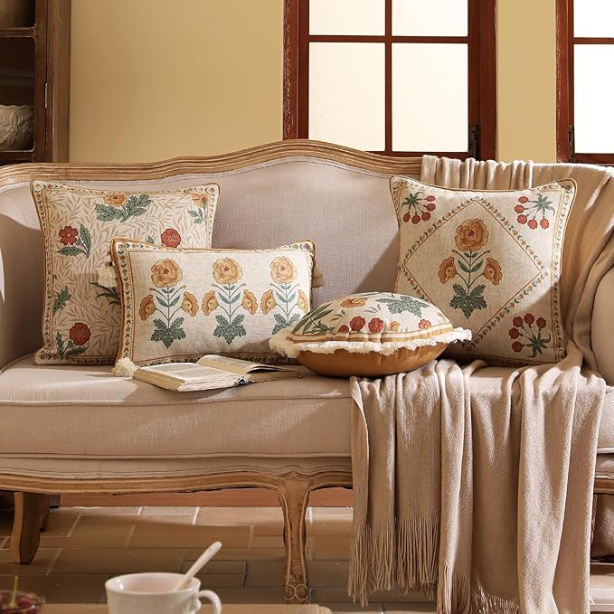 patdrea Designer Square Throw Pillow Covers for Couch 18"x18",Vintage French Linen Pillows Cover with Daisy Floral Pattern,Beige Luxury Farmhouse Decorative Cushion for Bed,Living Room,Outdoor