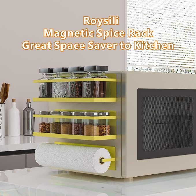 Roysili Magnetic Spice Rack For Refrigerator Magnetic Fridge Shelf For Kitchen Spice Organizer Magnetic Shelf For Fridge Space Saving Yellow 4 Pack With Magnetic Paper Towel Holder