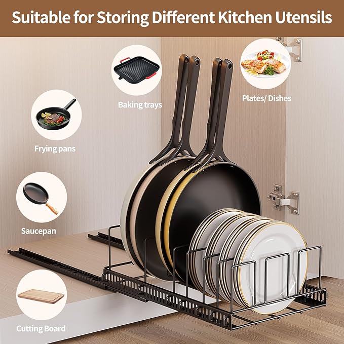 Housolution Pull Out Food Container Lid Organizer with Sliding Rail, Slide Out Plastic Lid Holder Compatible with Tupperware, Metal Storage Rack with 10 Adjustable Dividers for Cabinet, 1 Pack
