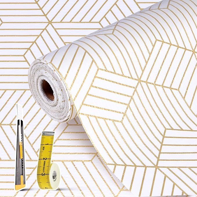 Shelf Liners for Kitchen Cabinets Non Adhesive Shelf Liner Paper Non-Slip Thickened Drawer Liner Easy to Clean for Tool Box Refrigerator with Knife and Tape Measure, Gold Geometric, 17.3 x 236.2 in