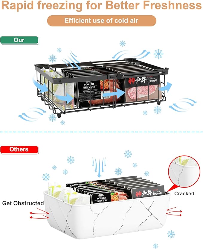 UMDONX 4-Pack Expandable Stackable Chest Freezer Organizer Bins - Large, Adjustable from 11.4" to 17.9", Fits 10-20 Cu. Ft. Freezers, Black