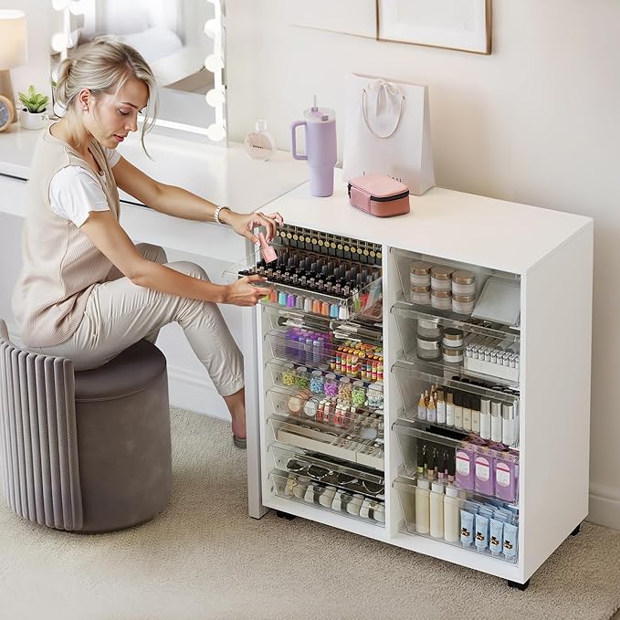 WOPITUES Rolling Cart with Wooden Tabletop, Mobile Storage Cabinet with 15 Clear Drawers, Craft Cabinet with 5 Large Drawers, Printer Stand Home Office, White Dresser Chest