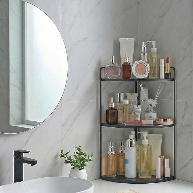 3 Tier Corner Bathroom Counter Organizer, Countertop Organizer, Vanity Organizers, Bathroom Storage Sink Shelf, Wooden and Metal Counter Shelf, Perfume Organizer for Makeup Tray (Large Capacity-Black)