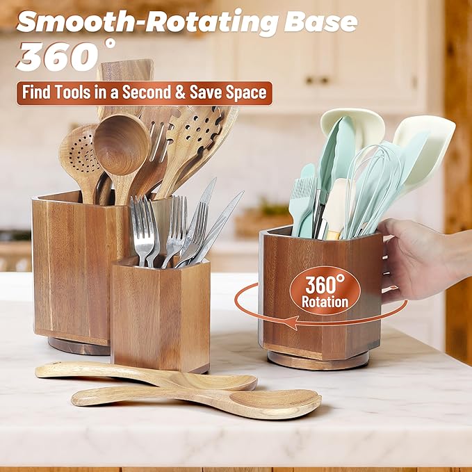 Wooden Utensil Holder Set: 3PCS Extra Large Acacia Wood Organizer with 360° Rotating Base for Kitchen Countertop - Farmhouse Storage Crock for Multi-Generation Family & Cooking Enthusiasts