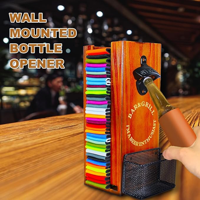 3-in-1 Can Cooler Holder with Bottle Opener - Wooden Beer Can Sleeves Organizer & Dispenser - Wall Mounted Beer Can and Bottle Cooler Storage - Ideal for Home Bars and Parties(Wood)