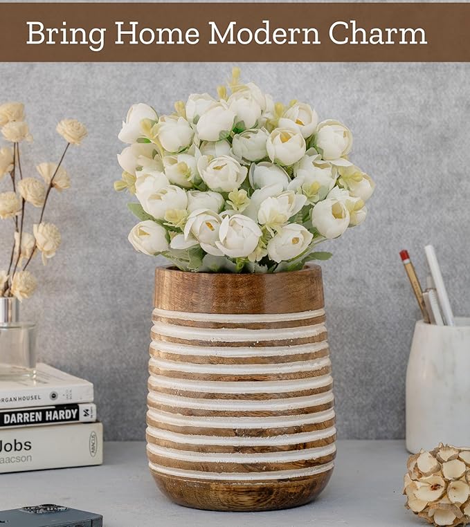 Mie Creations Boho 7'' Large Utensil Holder for Kitchen Counter | Handcrafted Wooden Utensils Crock Cooking Spatula Organizer | Gifts for Mom, Utensil Holder Caddy, Countertop Supplies- White Lining