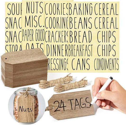 Talented Kitchen Wooden Hanging Tags - Kitchen & Home Organization - Canning Jar & Basket Tags - Wood Labels for Storage Bins - 4.33 x 2.5 in, Pack of 24, 40 Preprinted Labels, Natural Wood
