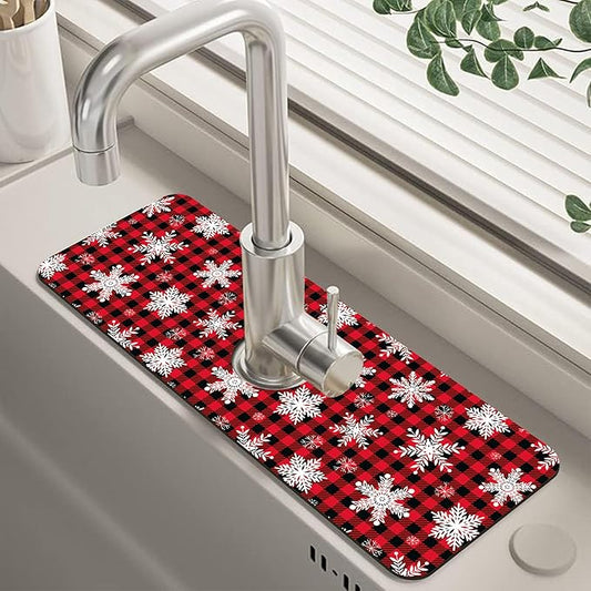 Christmas Snowflake Kitchen Sink Splash Guard Mat Buffalo Plaid Absorbent Fast Drying Mat Faucet Draining Mat Sink Splash Guard Behind Faucet Drip Catcher for Kitchen Bathroom 5.5"×15"