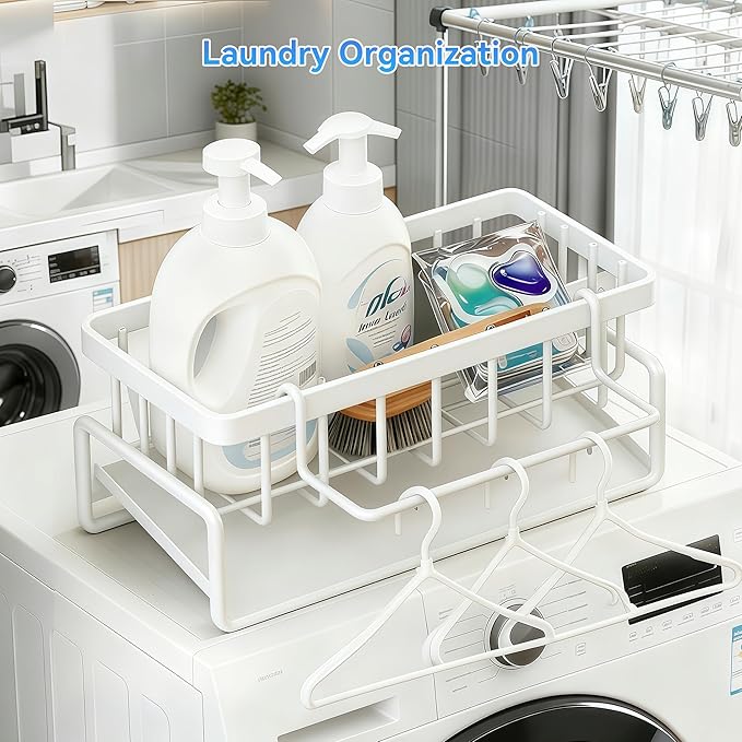 Sponge Holder for Kitchen, Sink Caddy Organizer Rack for Kitchen Accessories, Soap Dispenser Countertop Organizer Essentials for Home (White)