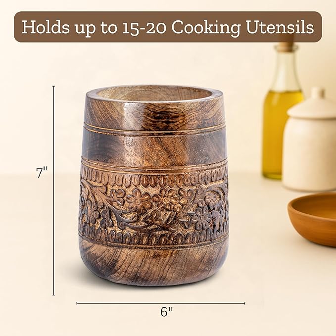 Mie Creations Rustic 7'' Large Utensil Crock Holder for Kitchen Countertop | Wooden Cooking Spatula Organizer for Party, Floral Hand carving Utensils Caddy, Vintage Kitchen Counter Decor- Dark Brown