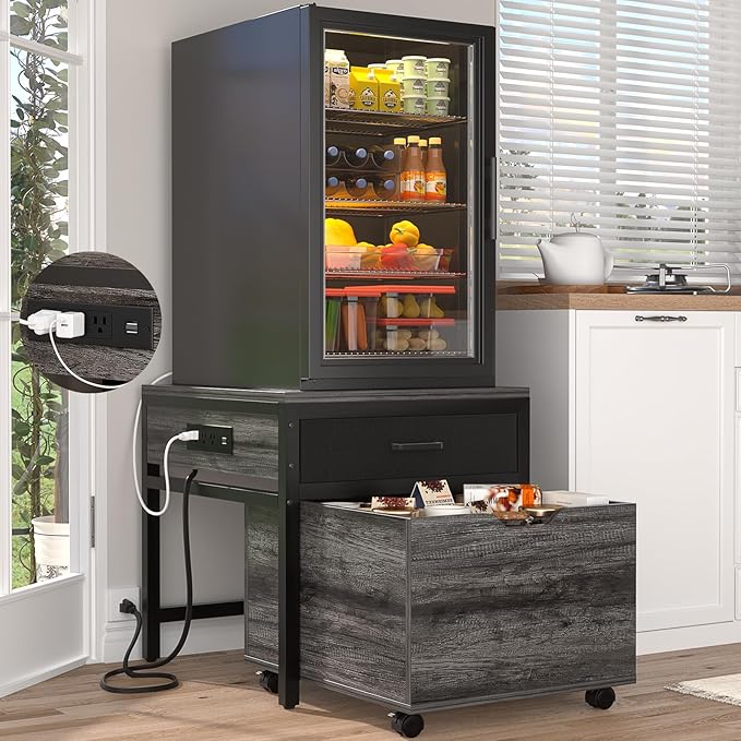 Unikito Mini Fridge Stand with Storage and Charging Station, Refrigerator Table with Drawer Basket for Dorm, Apartment, Office, Bedroom, Heavy Duty Small Refrigerator Stand Cart, Hold 300LBS, Gray Oak