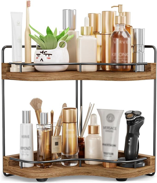 2-Tier Corner Bathroom Counter Organizer with Embedded Screw Holes, Secure & Stable Wood Vanity Shelf for Makeup and Skincare Essentials - Space Saving Bathroom Countertop Storage, Dark Brown
