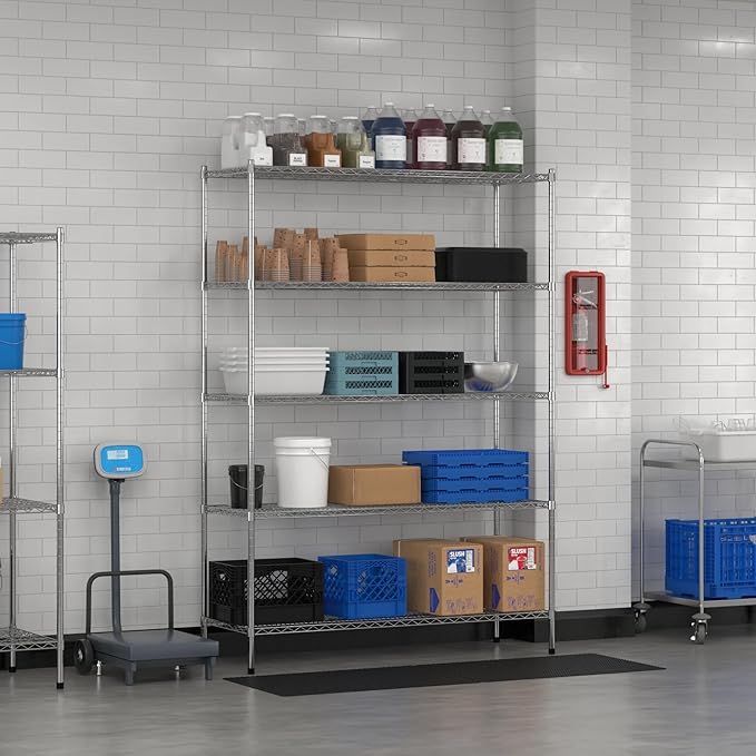 Commercial NSF Listed Chrome Stationary Wire Shelving Kit 21" x 60" x 86", with 5 Shelves Perfect for Warehouse, Walk-in Refrigerator, Freezer, Grocery Store, Restaurant, Dishroom