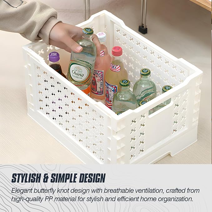 Domiella 2-Pack Foldable High-Strength PP Ventilated Baskets - 12L Collapsible Storage Bins for Kitchen, Camping, Office & Home, Wear Resist Indoor Outdoor Organizer, Medium White