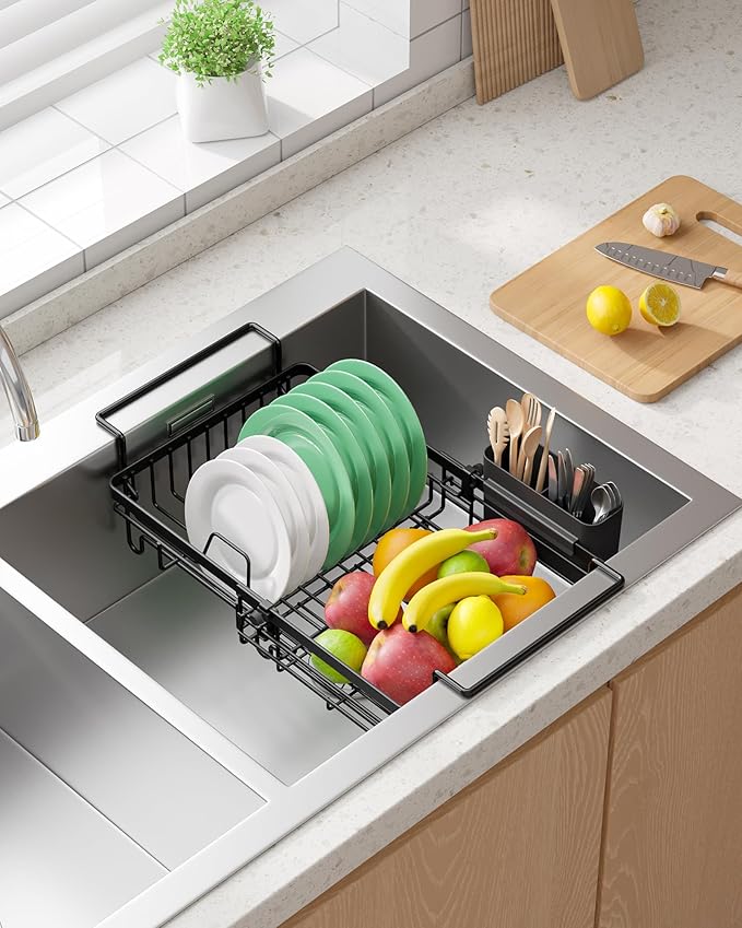 Kitsure Dish Drying Rack – Expandable in-Sink or Over-Sink Dish Rack for Kitchen Counter, Rust-Resistant Metal Dish Strainer with Cutlery Holder, 16.0"-20.7" L x 11.4" W x 5.7" H, Black