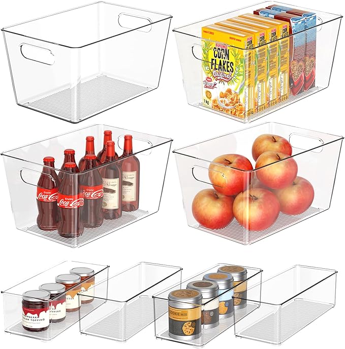 Set of 8 Clear Plastic Storage Bins, 4 Large +4 Small Pantry Organizers and Storage Containers for Kitchen Organization, Home Storage Must Haves for Office, Closet, Garage, Freezer& Bathroom