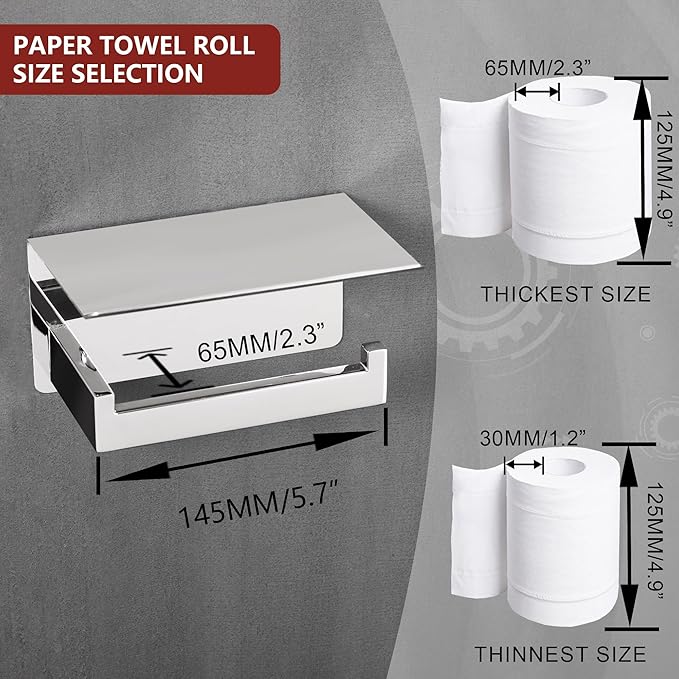 LANC Chrome Toilet Paper Holder with Shelf, Adhesive or Screw Toilet Paper Roll Holder with Shelf for Bathroom Washroom Wall Mount, Stainless Steel Tissue TP Holder Silver, A8367CP