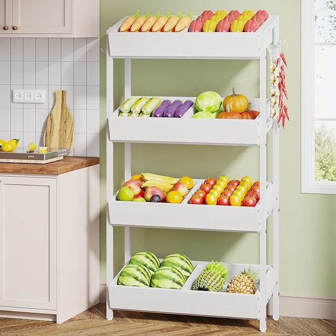 Tribesigns Wood Fruit and Vegetable Basket Stand Rack for Kitchen, Office, Store, Supremarket, Pantry Shelf Unit for Snacks, 4-Tier Wooden Utility Storage Shelves (White)