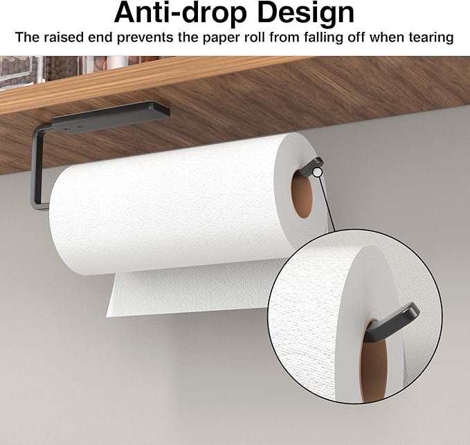 Paper Towel Holder Under Cabinet - Wall Mounted Paper Towel Holder No Drilling, Adhesive Under Cabinet Roll Holder, Black Kitchen Towel Holder, 31 x 8 x 3.5 cm, Aluminum, Black