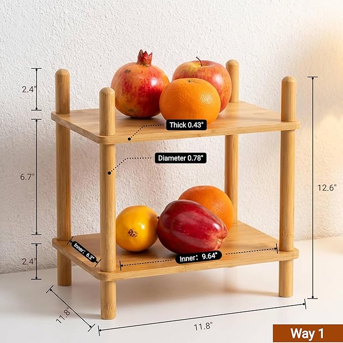 Bamboo Cabinet Organizer Set (2) - Counter Shelf Organizer & Bamboo Organizer Bins Fit, Expandable Cabinet Shelf Organizer for Kitchen Counter/Bathroom - Useful Home & Housewarming Gift(Medium)