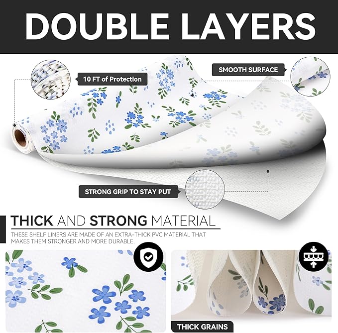 RAY STAR Shelf Liner, 18 Inch x 16 Feet Non Adhesive Blue Floral Kitchen Cabinet Liner for Pantry Drawer Vanity, Strong Grip Non Slip Waterproof, Shelf Liners for Kitchen Cabinets Cupboard