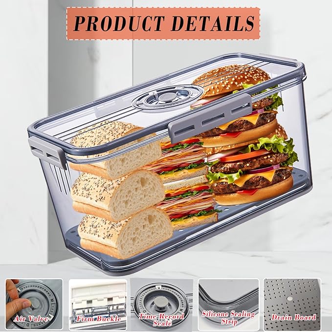 Bread Box Bread Boxes for Kitchen Counter Airtight,Time Recording Bread Storage Container with Lid, Bread Keeper for Homemade Bread, Toast, Bagel, Donut and Cookies, Grey